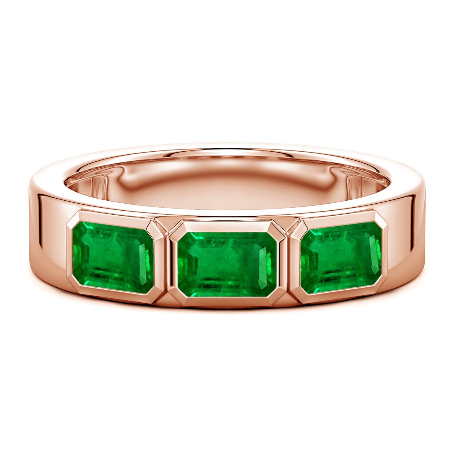 East-West Emerald-Cut Emerald Men’s Three Stone Ring