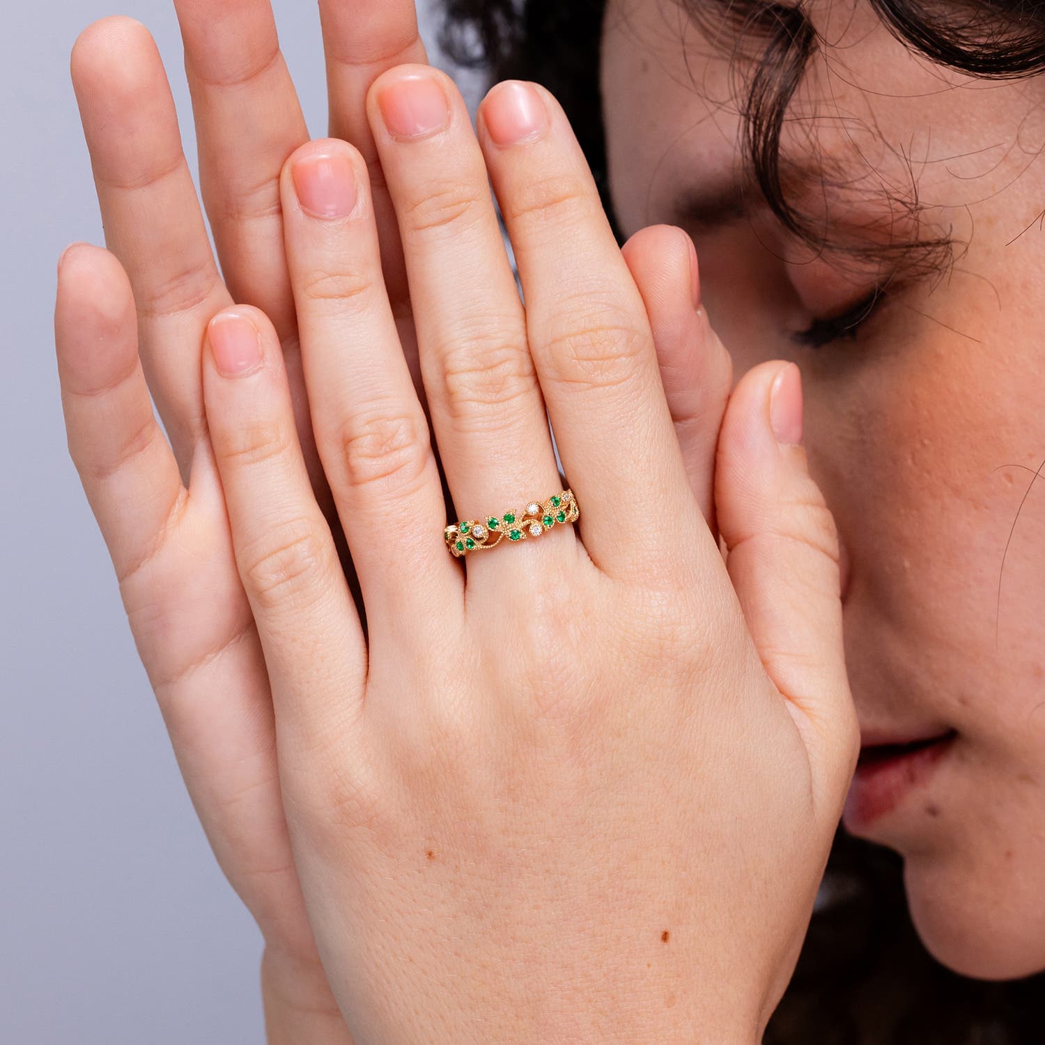 Nature Inspired Round Emerald & Diamond Vine Ring