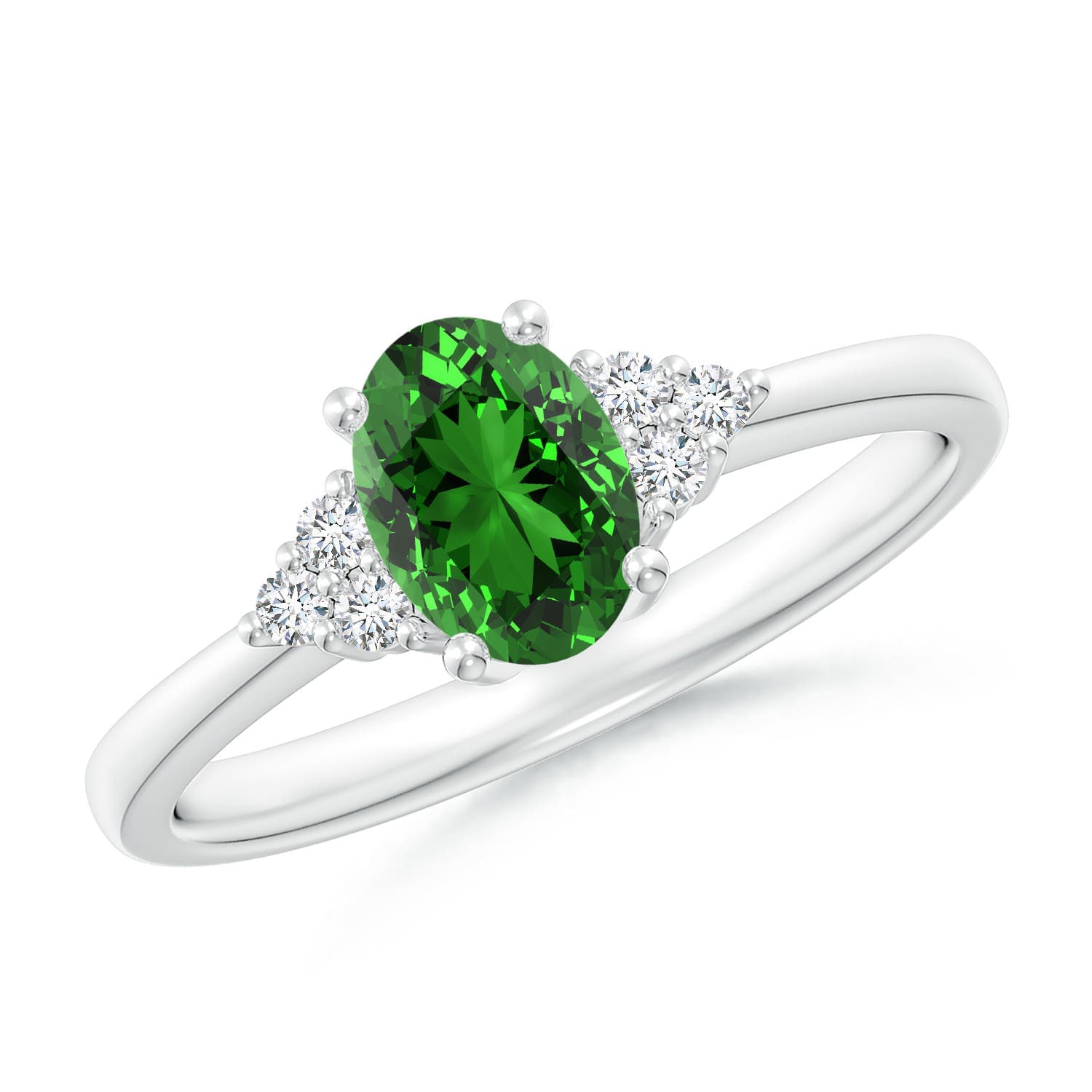 Solitaire Oval Emerald Engagement Ring with Trio Diamond Accents
