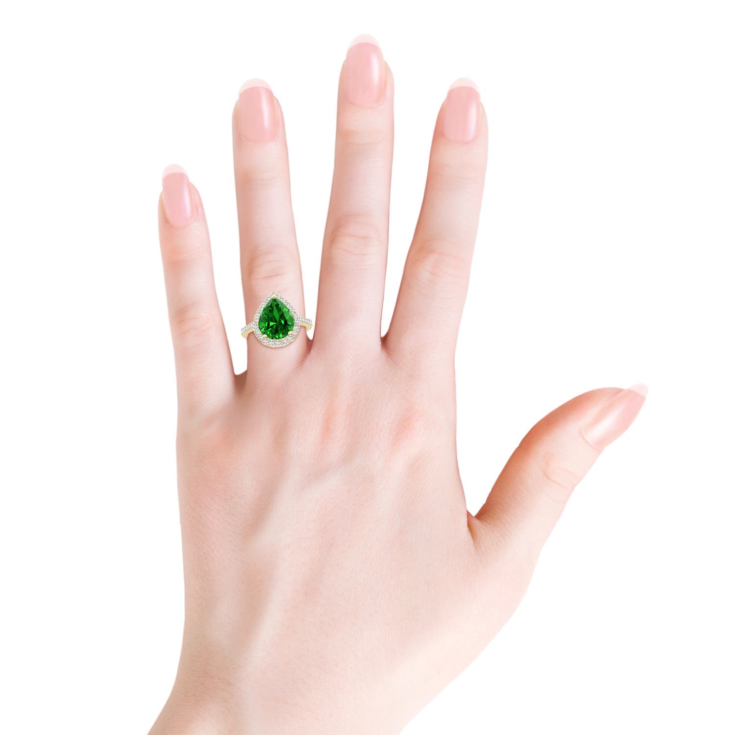 Prong-Set Pear Emerald Engagement Ring with Diamond Halo