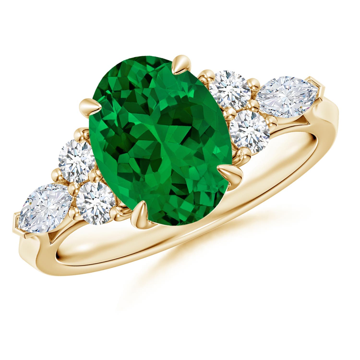Oval Emerald Side Stone Engagement Ring with Diamonds