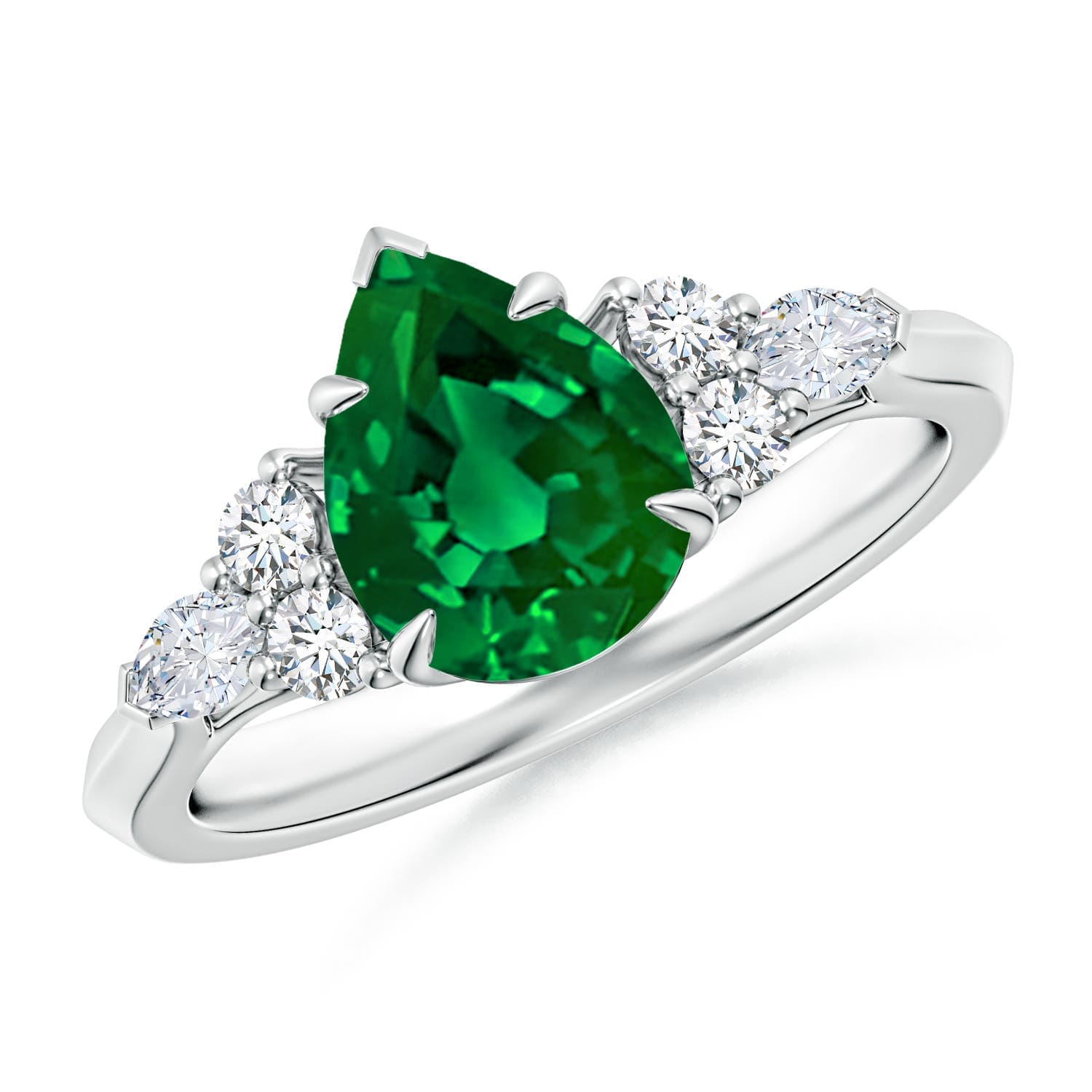 Pear Shape Emerald Side Stone Engagement Ring with Diamonds