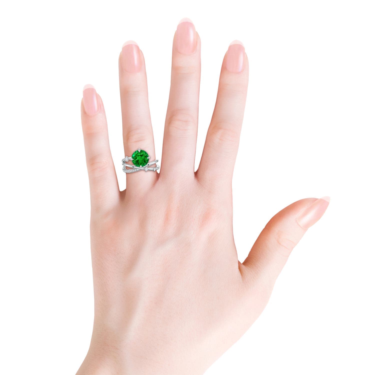 Round Emerald Crossover Engagement Ring with Scattered Accents