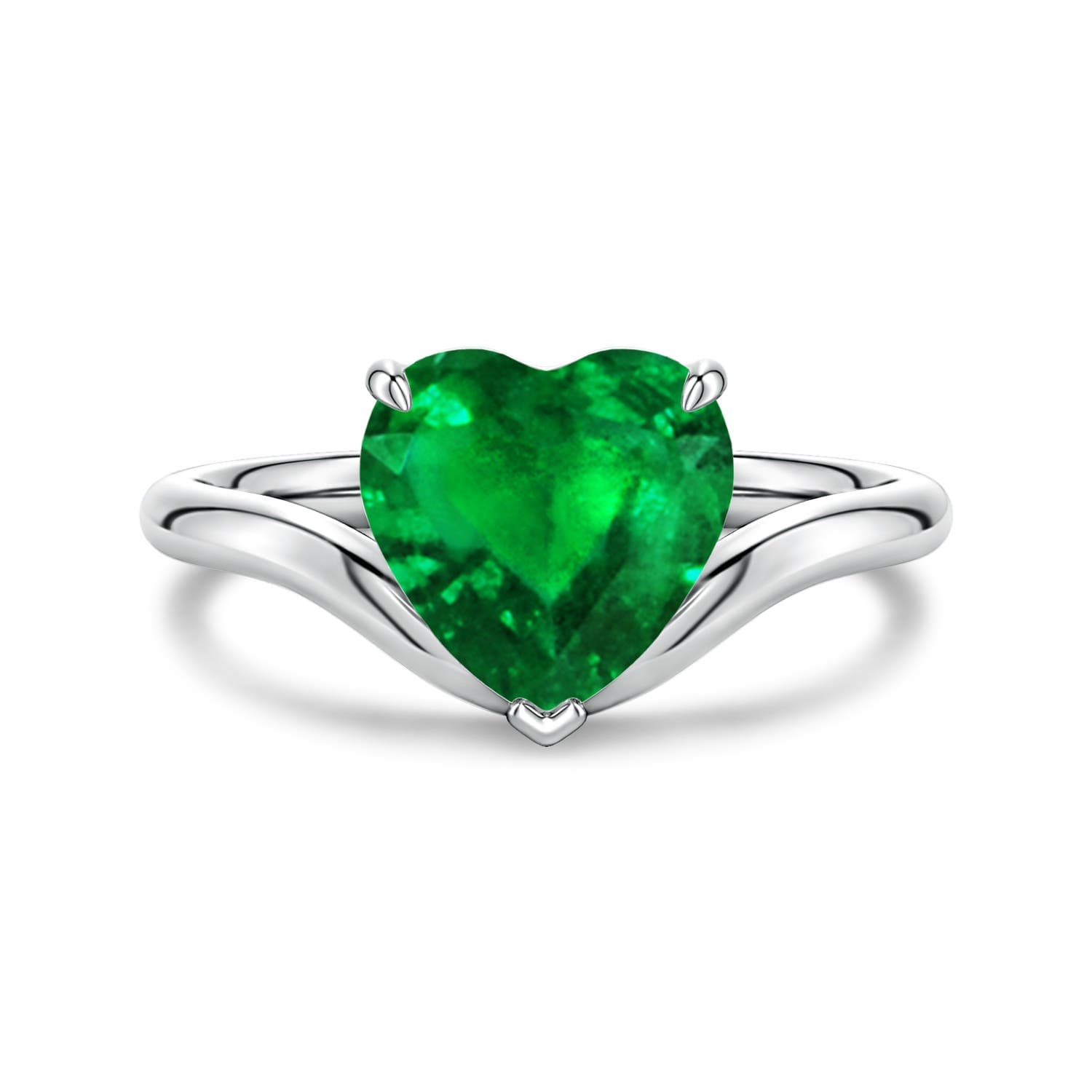 Solitaire Heart-Shaped Emerald Curved Shank Engagement Ring