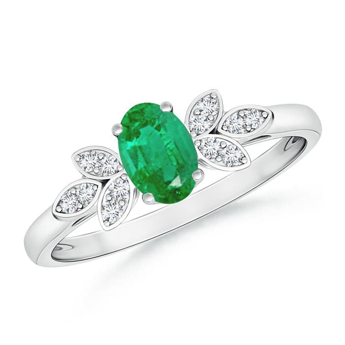 Vintage Style Oval Emerald Engagement Ring with Diamond Accents