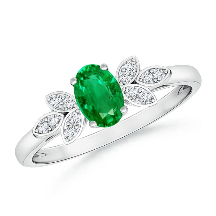 Vintage Style Oval Emerald Engagement Ring with Diamond Accents