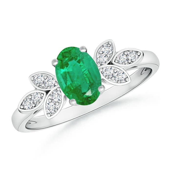 Vintage Style Oval Emerald Engagement Ring with Diamond Accents