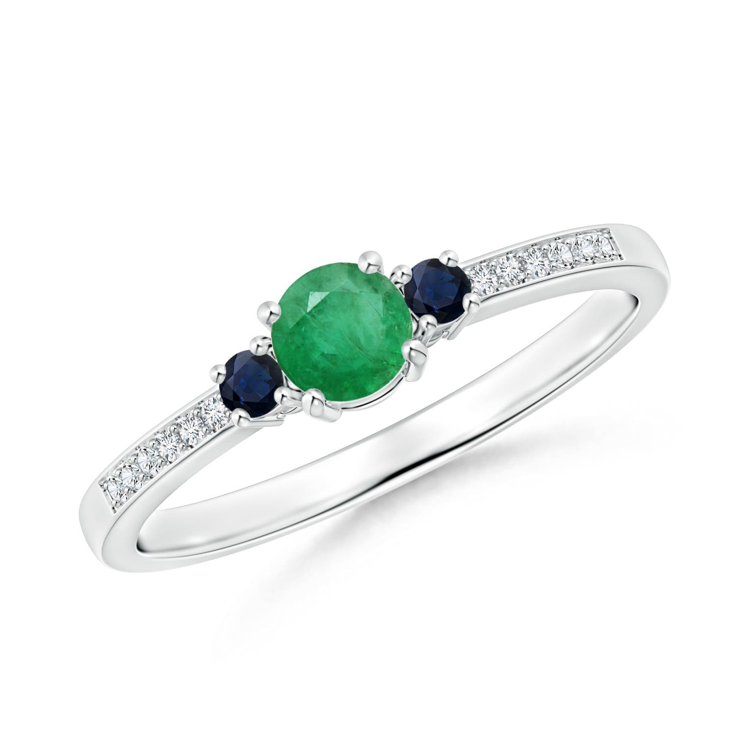 Classic Three Stone Round Emerald and Blue Sapphire Engagement Ring