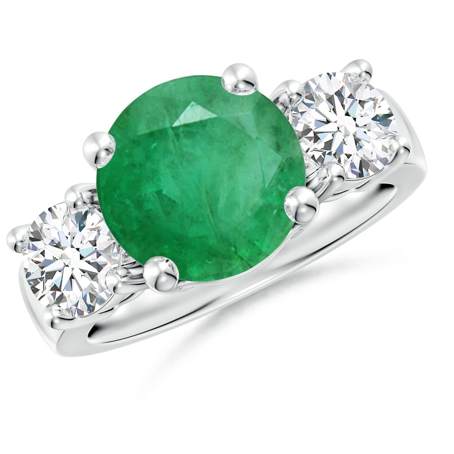 Classic Round Emerald and Diamond Three Stone Engagement Ring