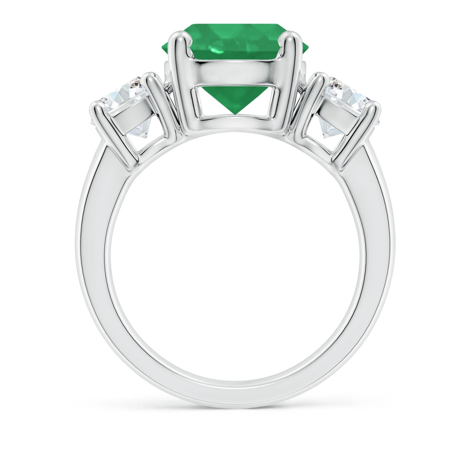 Classic Round Emerald and Diamond Three Stone Engagement Ring
