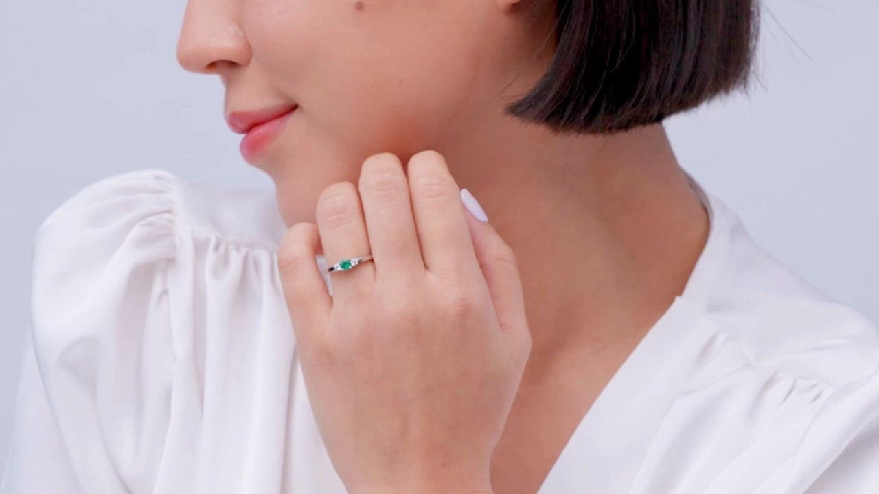 Classic Round Emerald and Diamond Three Stone Engagement Ring