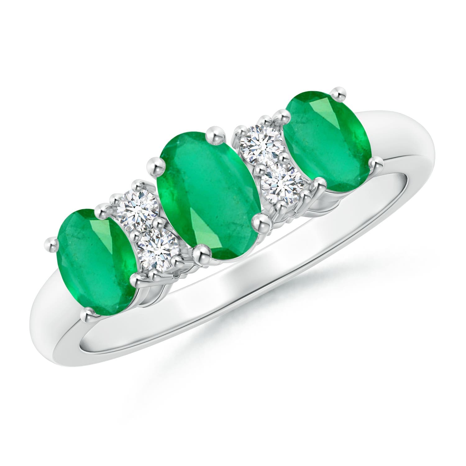 Oval Three Stone Emerald Engagement Ring with Diamonds