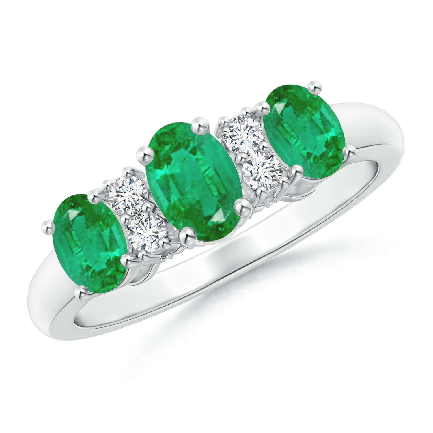 Oval Three Stone Emerald Engagement Ring with Diamonds