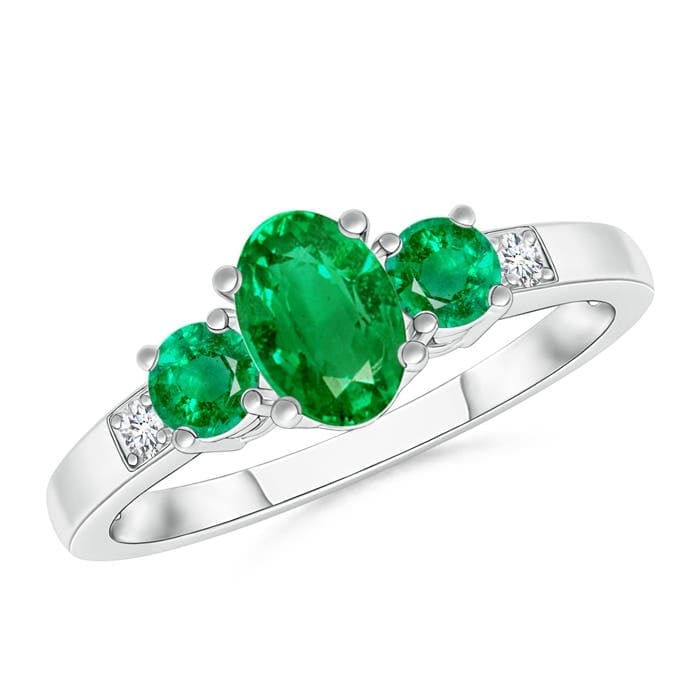 Three Stone Emerald Engagement Ring with Diamond Accents
