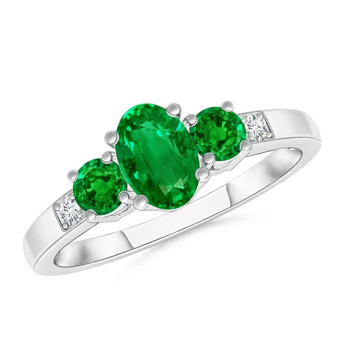 Three Stone Emerald Engagement Ring with Diamond Accents