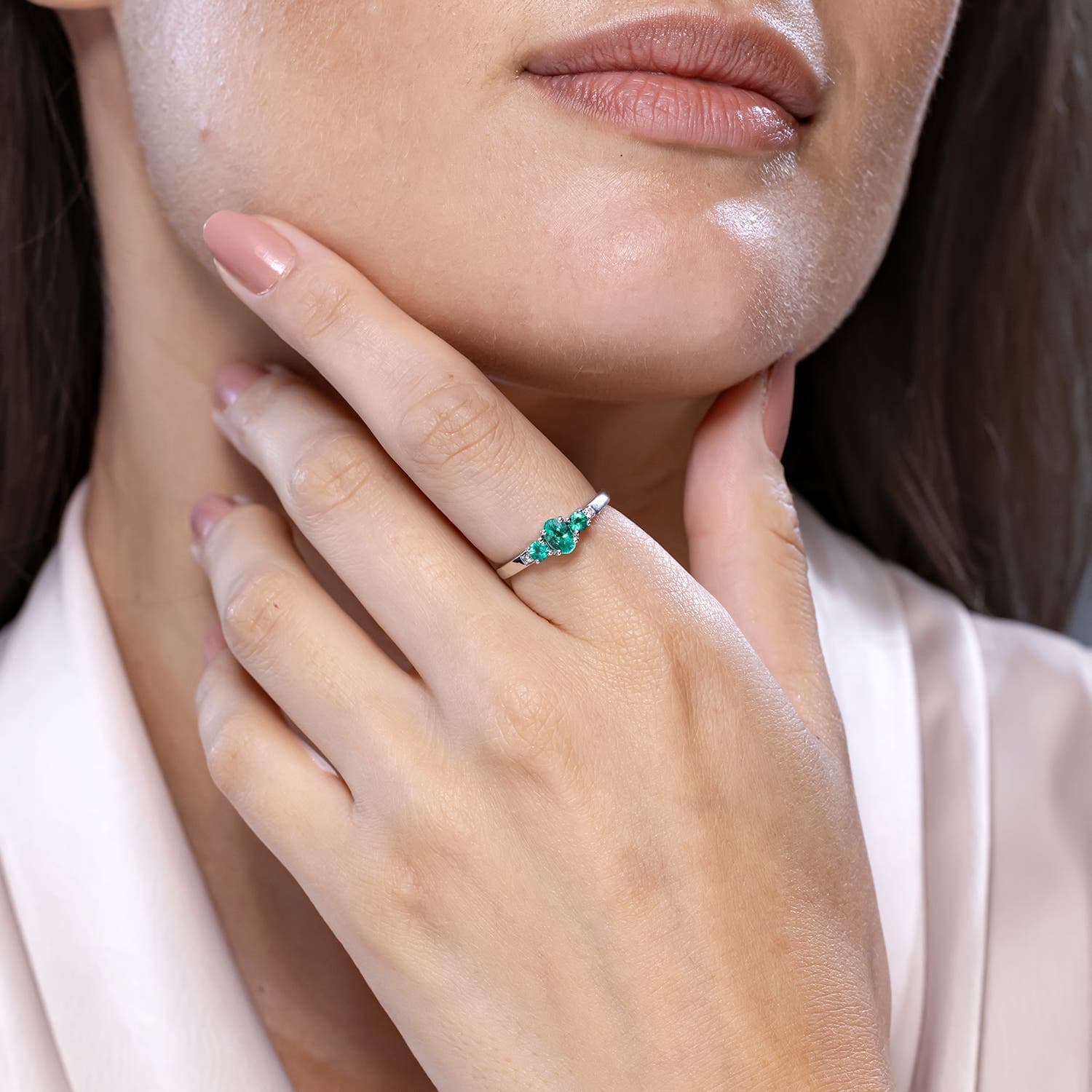 Three Stone Emerald Engagement Ring with Diamond Accents