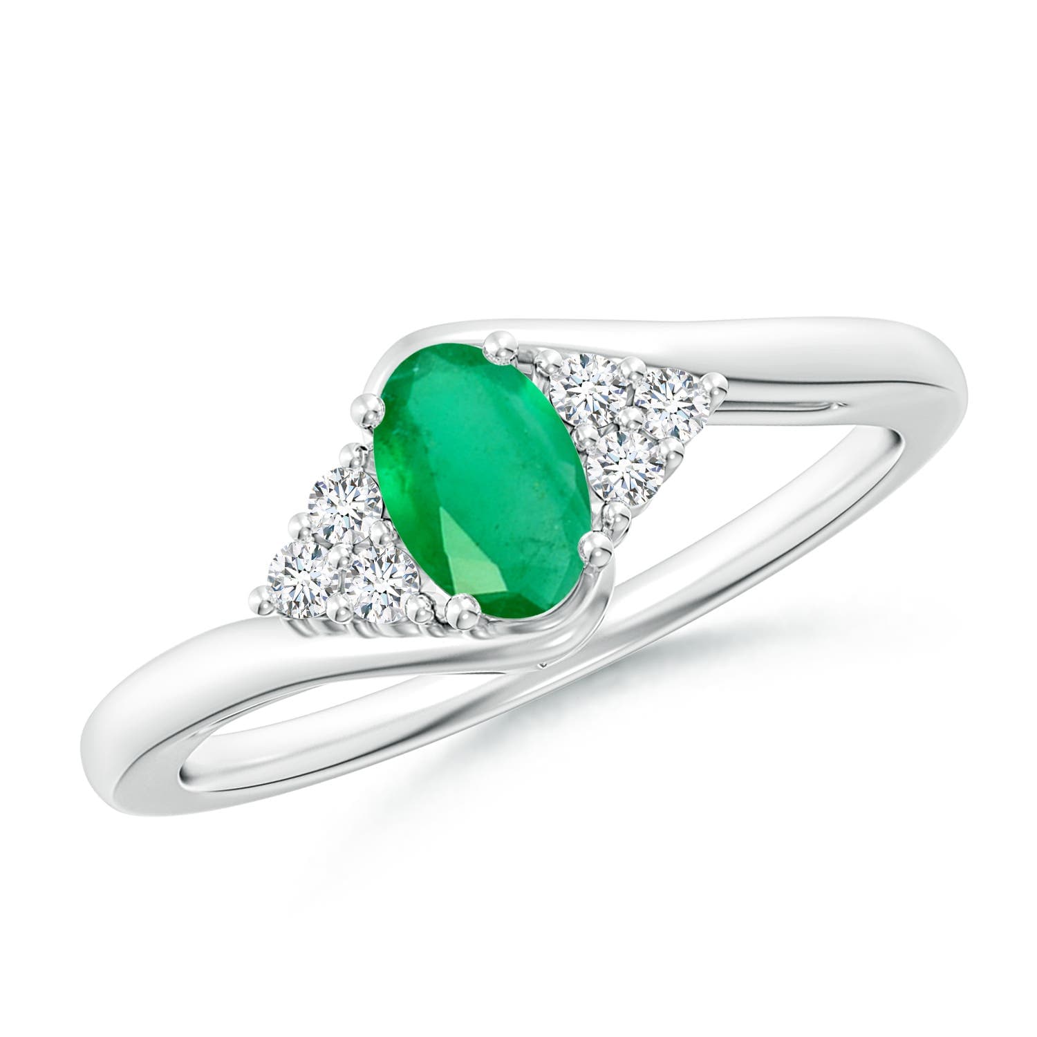Oval Emerald Bypass Engagement Ring with Trio Diamond Accents