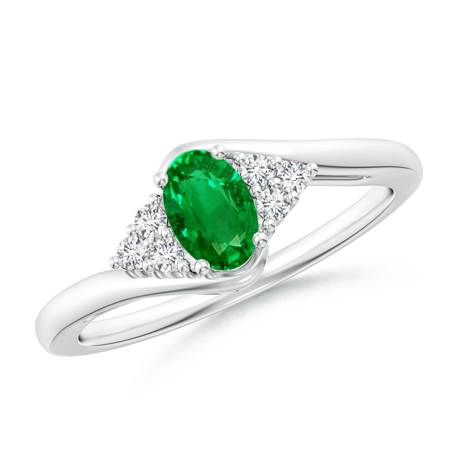 Oval Emerald Bypass Engagement Ring with Trio Diamond Accents