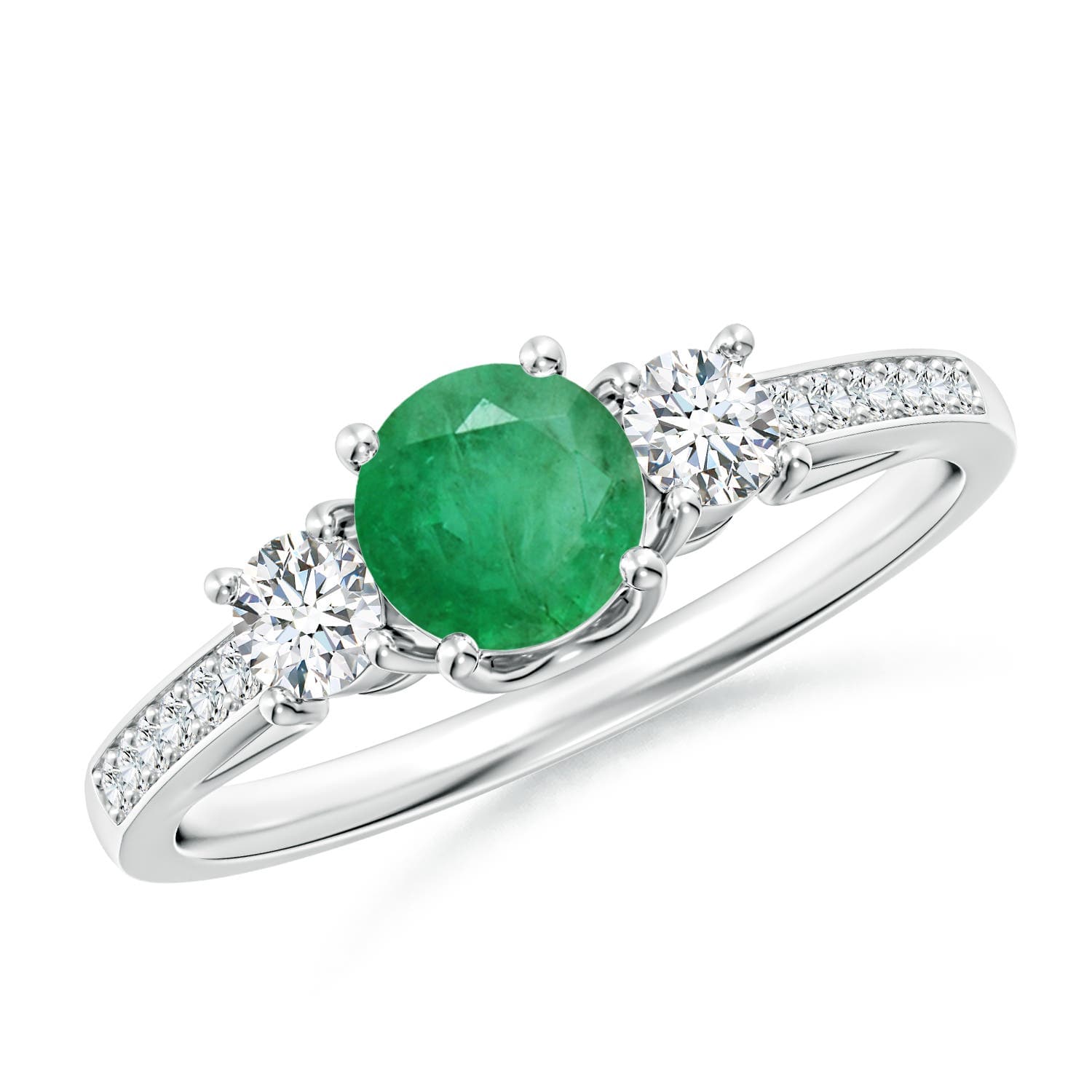 Classic Prong Set Round Emerald and Diamond Three Stone Engagement Ring
