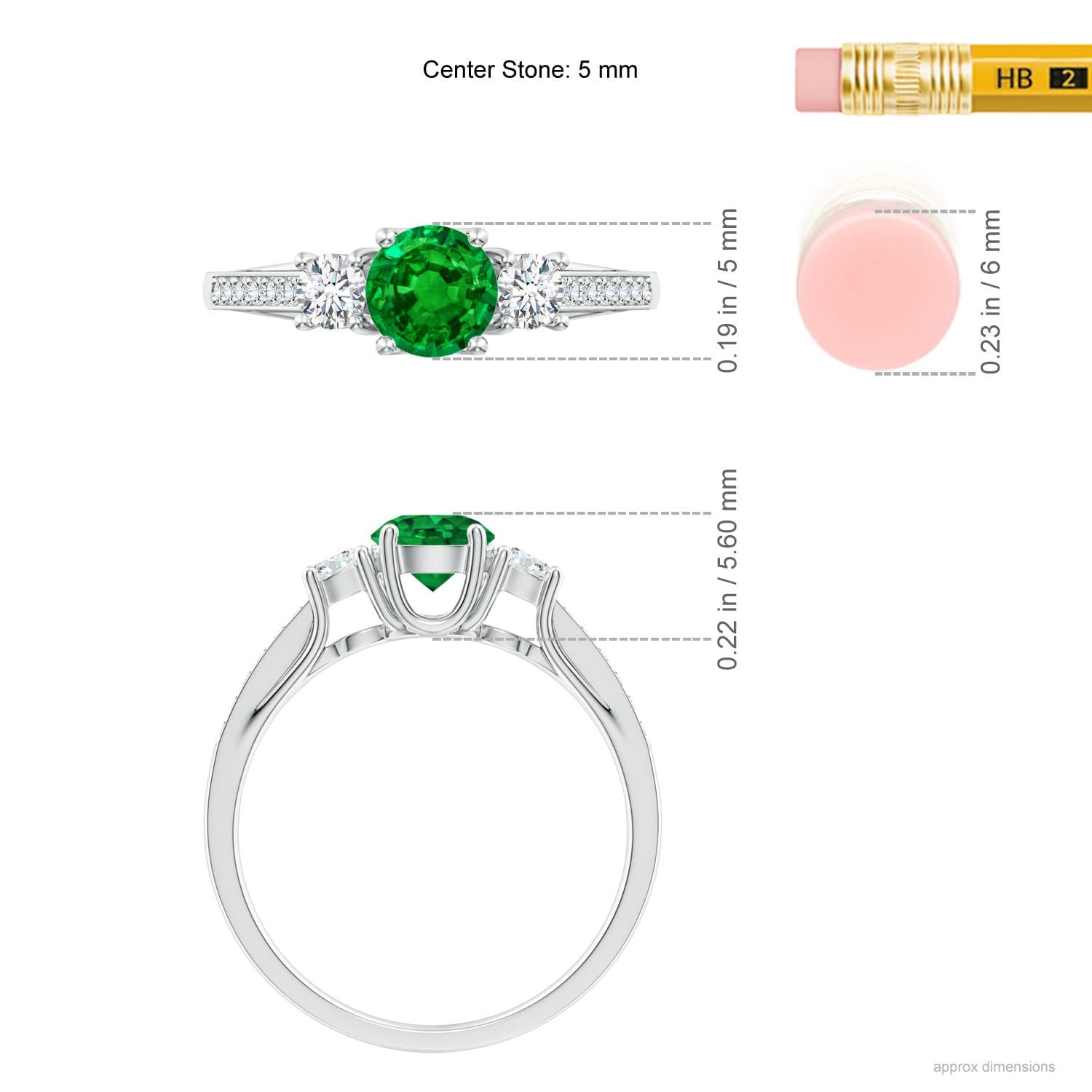 Classic Prong Set Round Emerald and Diamond Three Stone Engagement Ring