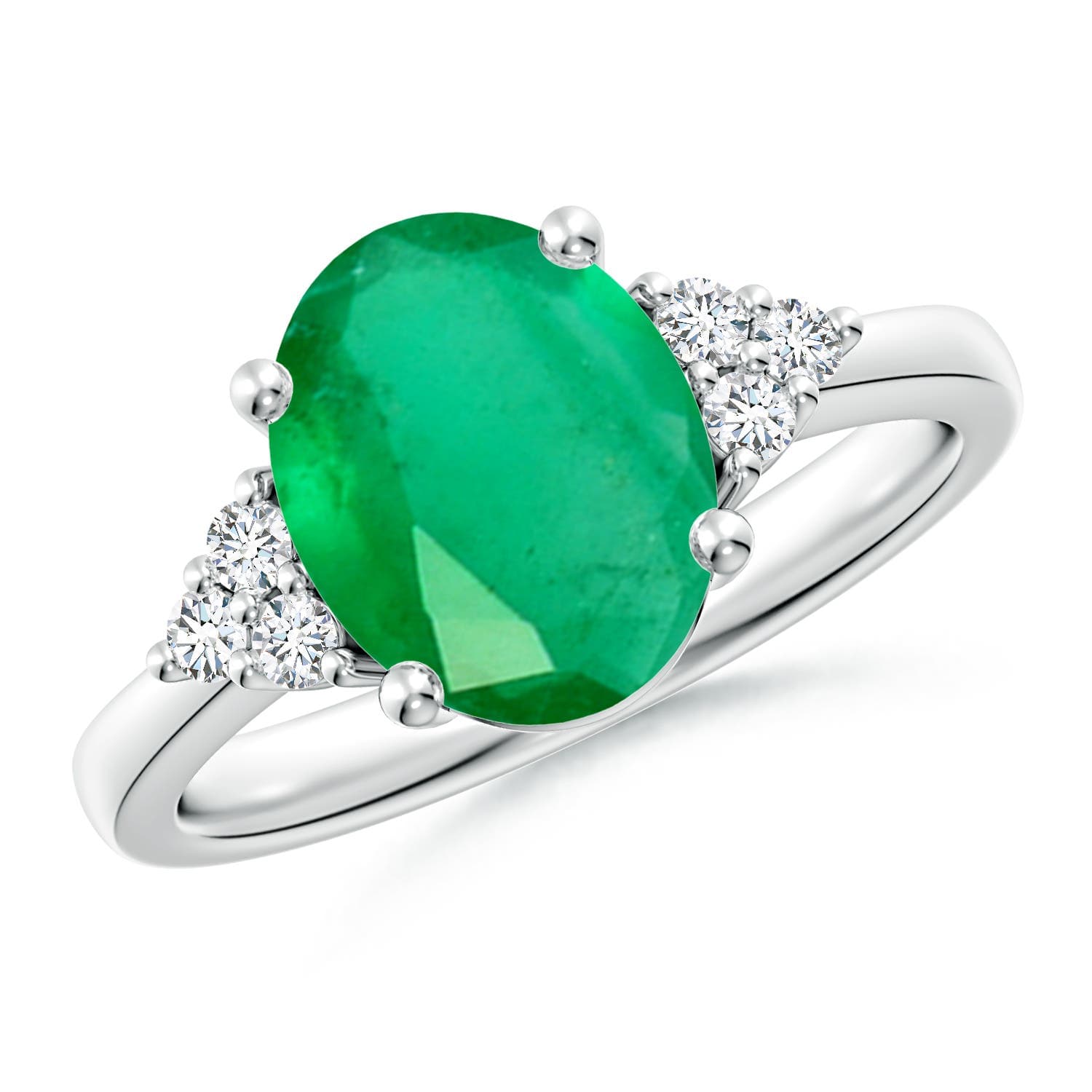 Solitaire Oval Emerald Engagement Ring with Trio Diamond Accents