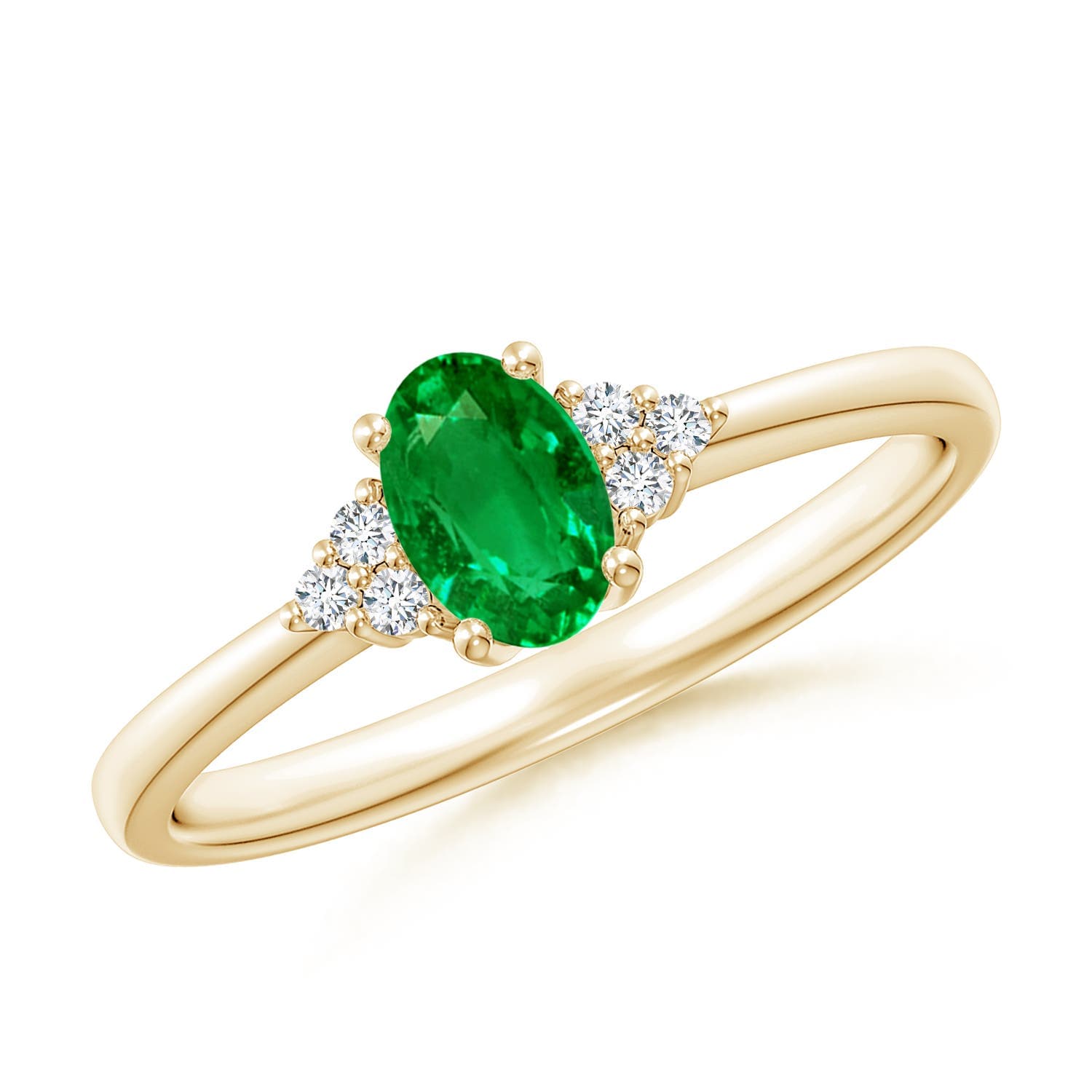 Solitaire Oval Emerald Engagement Ring with Trio Diamond Accents