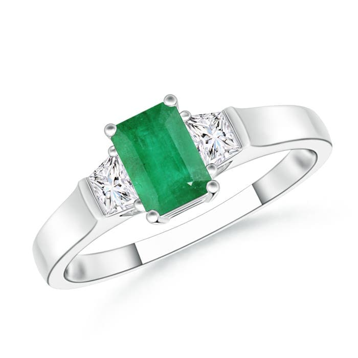 Emerald-Cut Emerald and Trapezoid Diamond Three Stone Engagement Ring