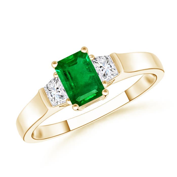 Emerald-Cut Emerald and Trapezoid Diamond Three Stone Engagement Ring