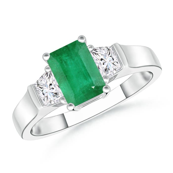 Emerald-Cut Emerald and Trapezoid Diamond Three Stone Engagement Ring