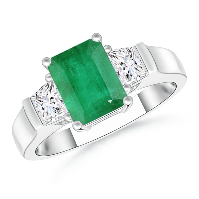 Emerald-Cut Emerald and Trapezoid Diamond Three Stone Engagement Ring