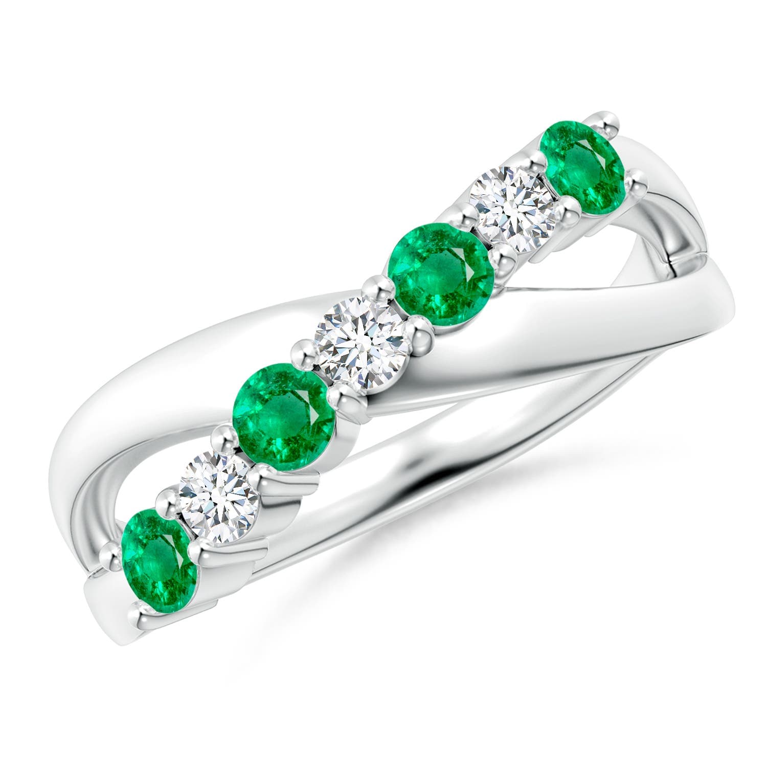Round Emerald and Diamond Crossover Ring