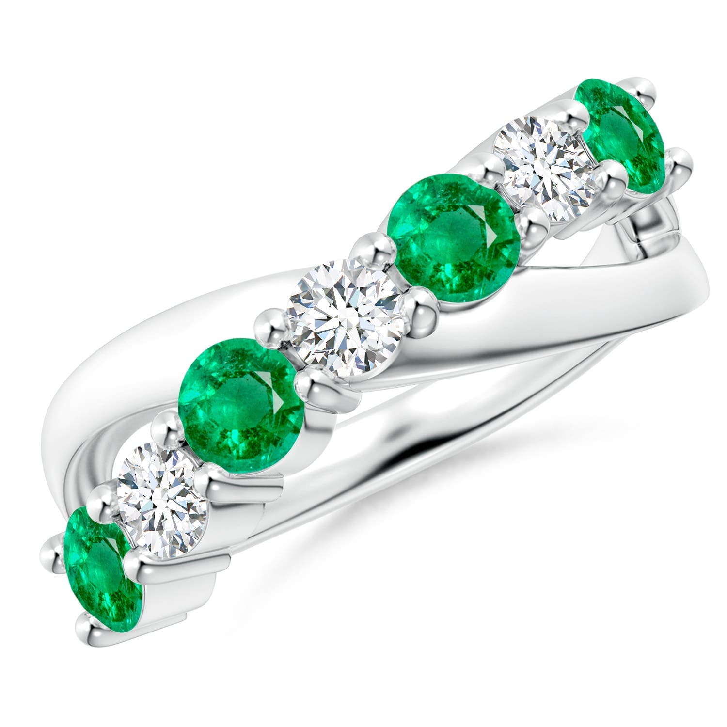 Round Emerald and Diamond Crossover Ring