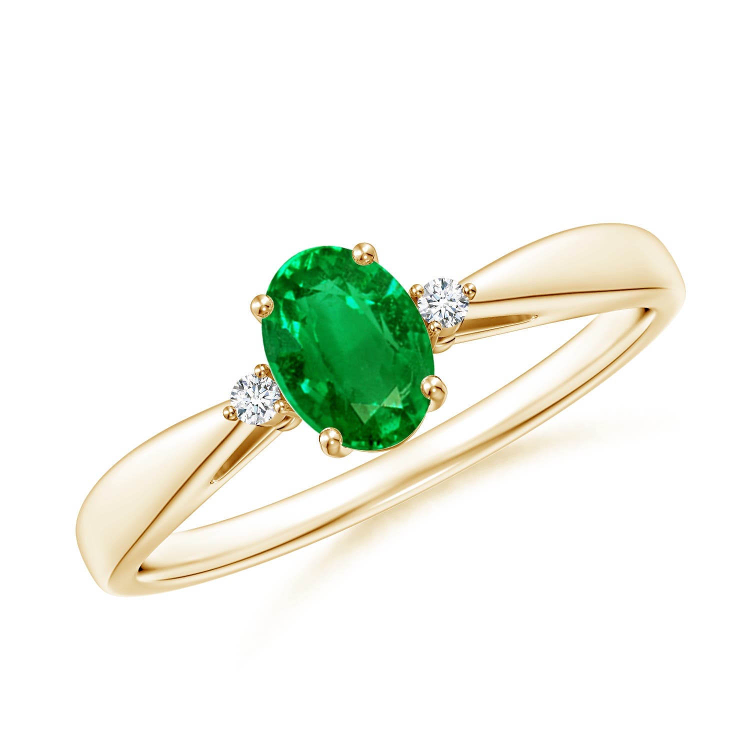 Tapered Shank Emerald Solitaire Engagement Ring with Diamond Accents