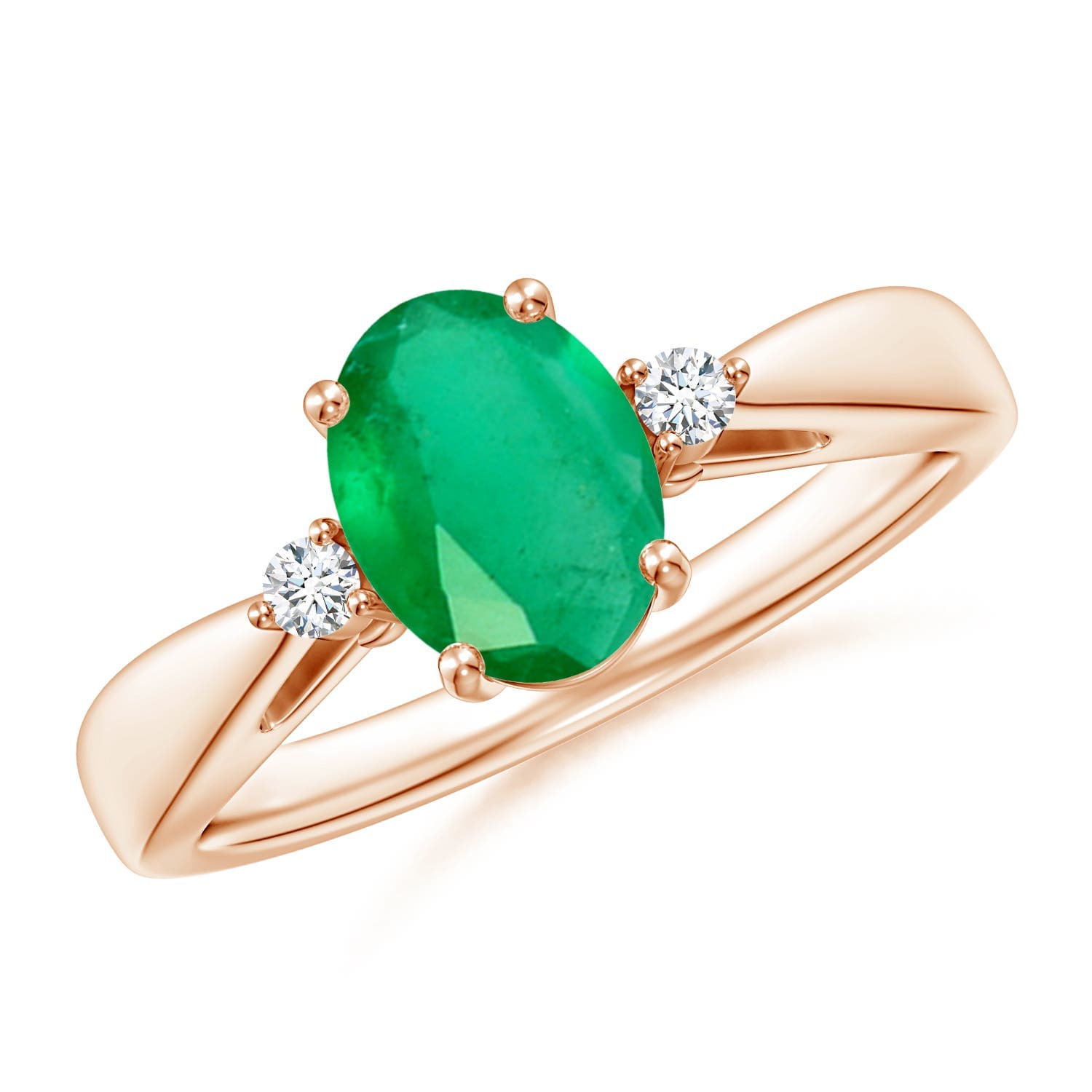 Tapered Shank Emerald Solitaire Engagement Ring with Diamond Accents