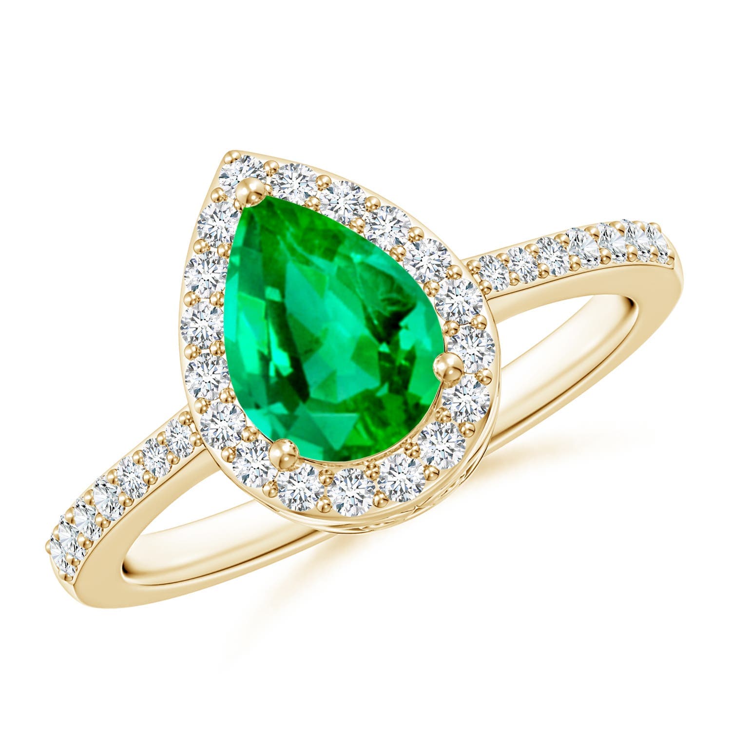 Prong-Set Pear Emerald Engagement Ring with Diamond Halo