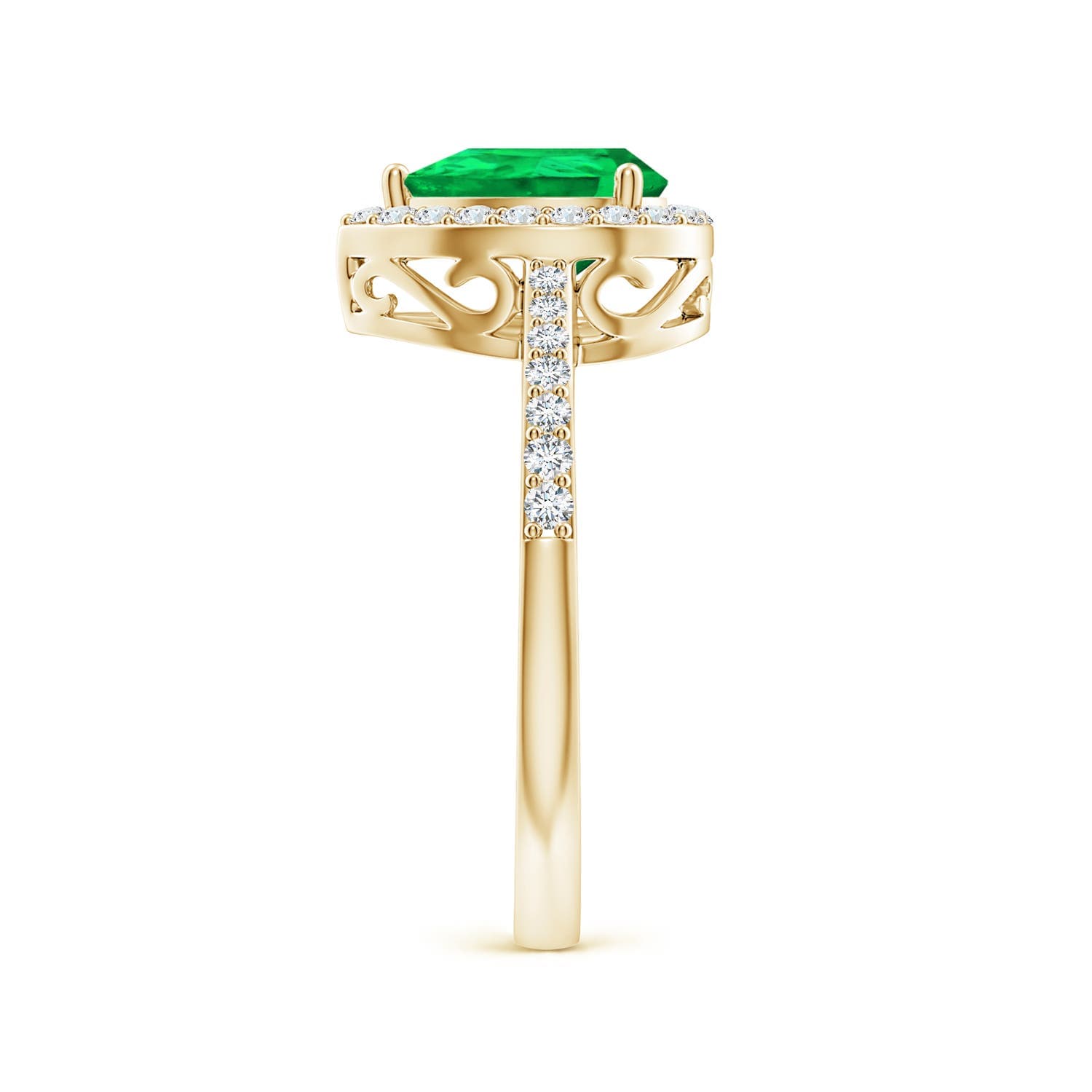 Prong-Set Pear Emerald Engagement Ring with Diamond Halo