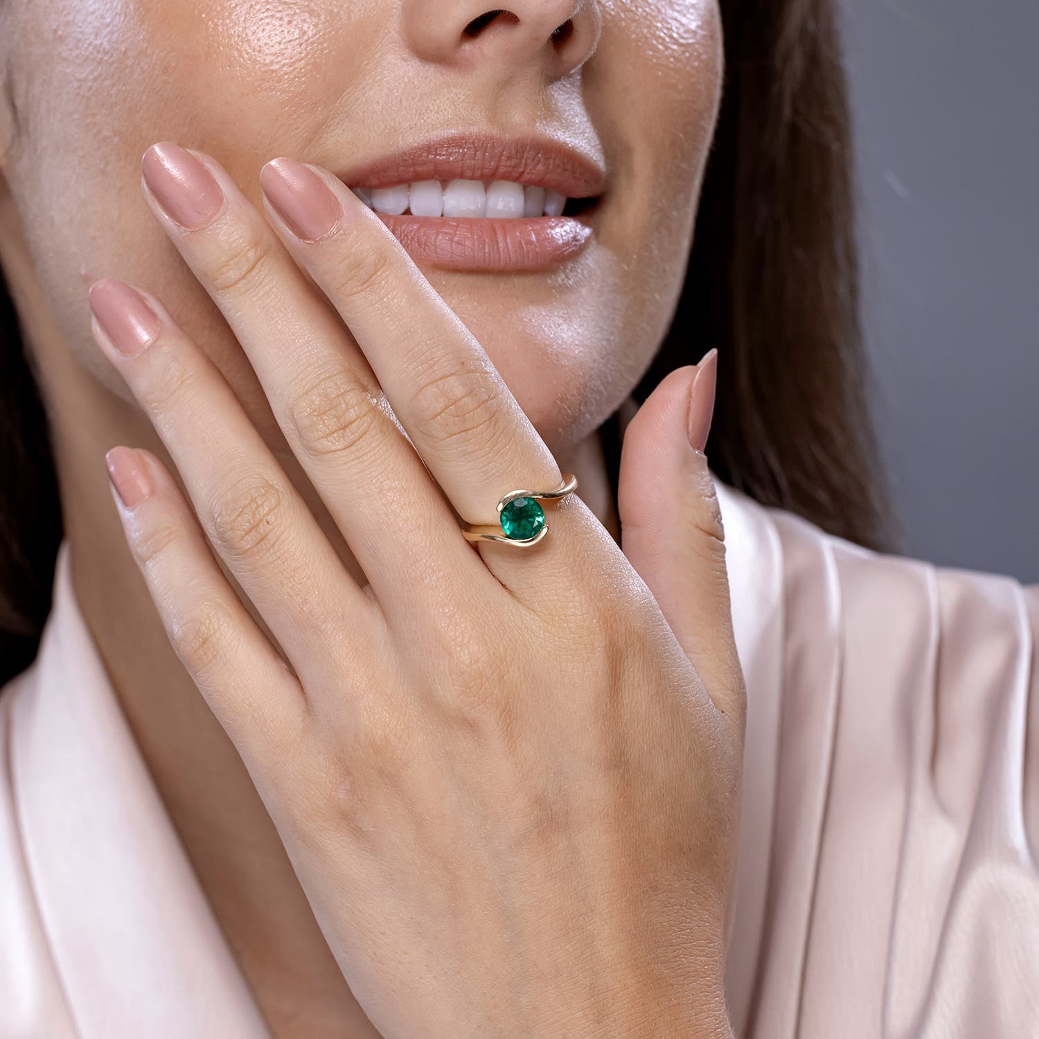 Semi Bezel-Set Solitaire Round Emerald Bypass Engagement Ring