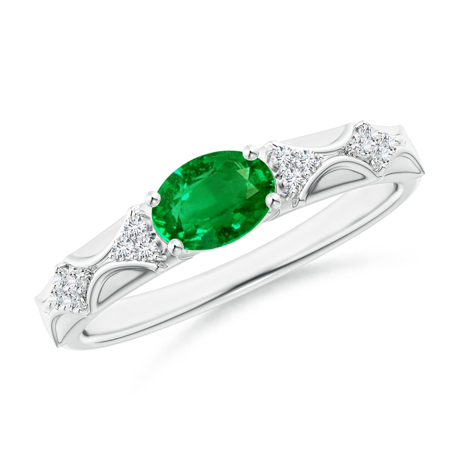 Oval Emerald Vintage Style Engagement Ring with Diamond Accents
