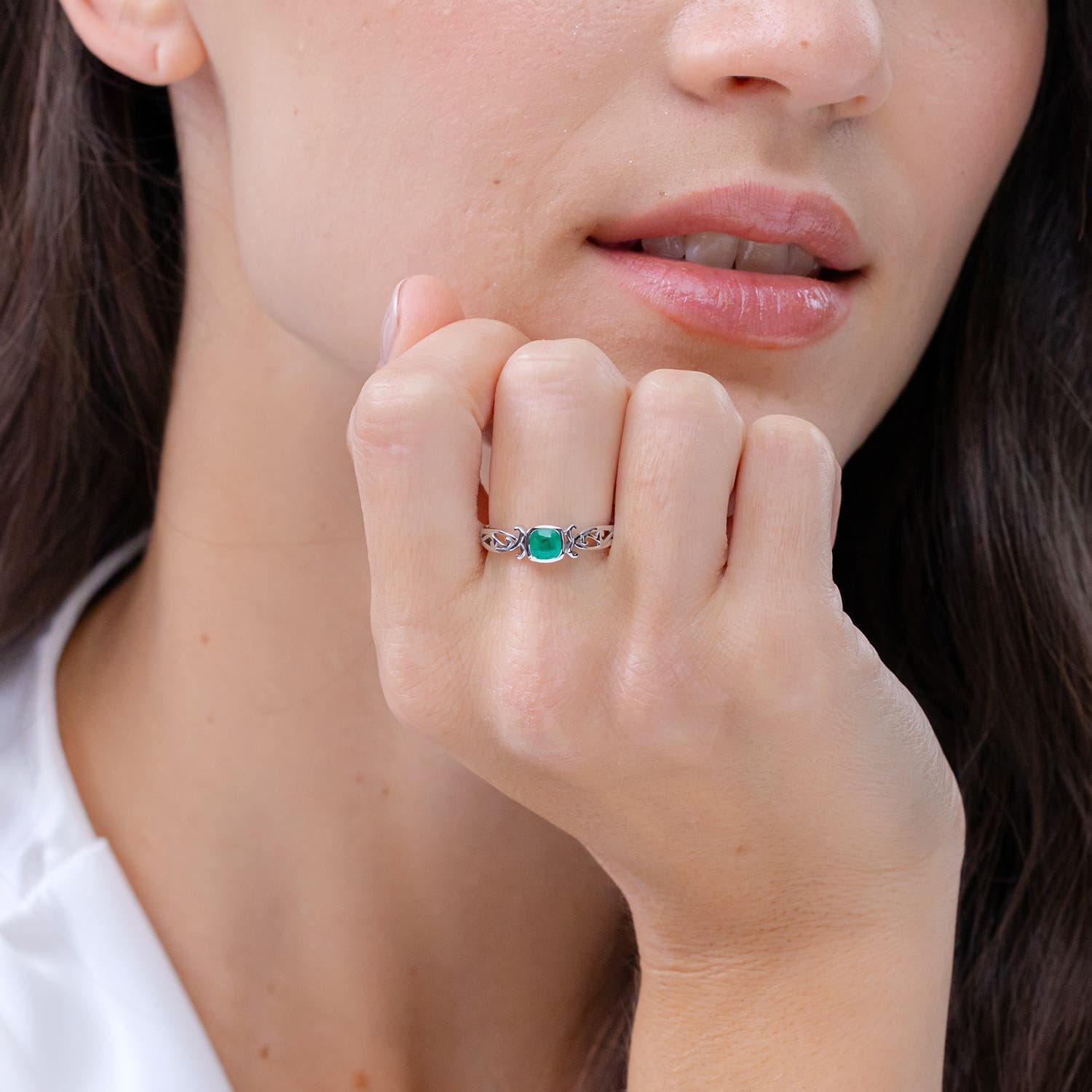 Vintage Style Cushion Emerald Solitaire Engagement Ring