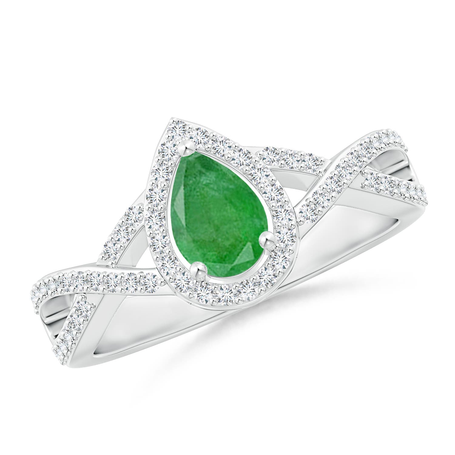 Twist Shank Pear Emerald Engagement Ring with Diamond Halo