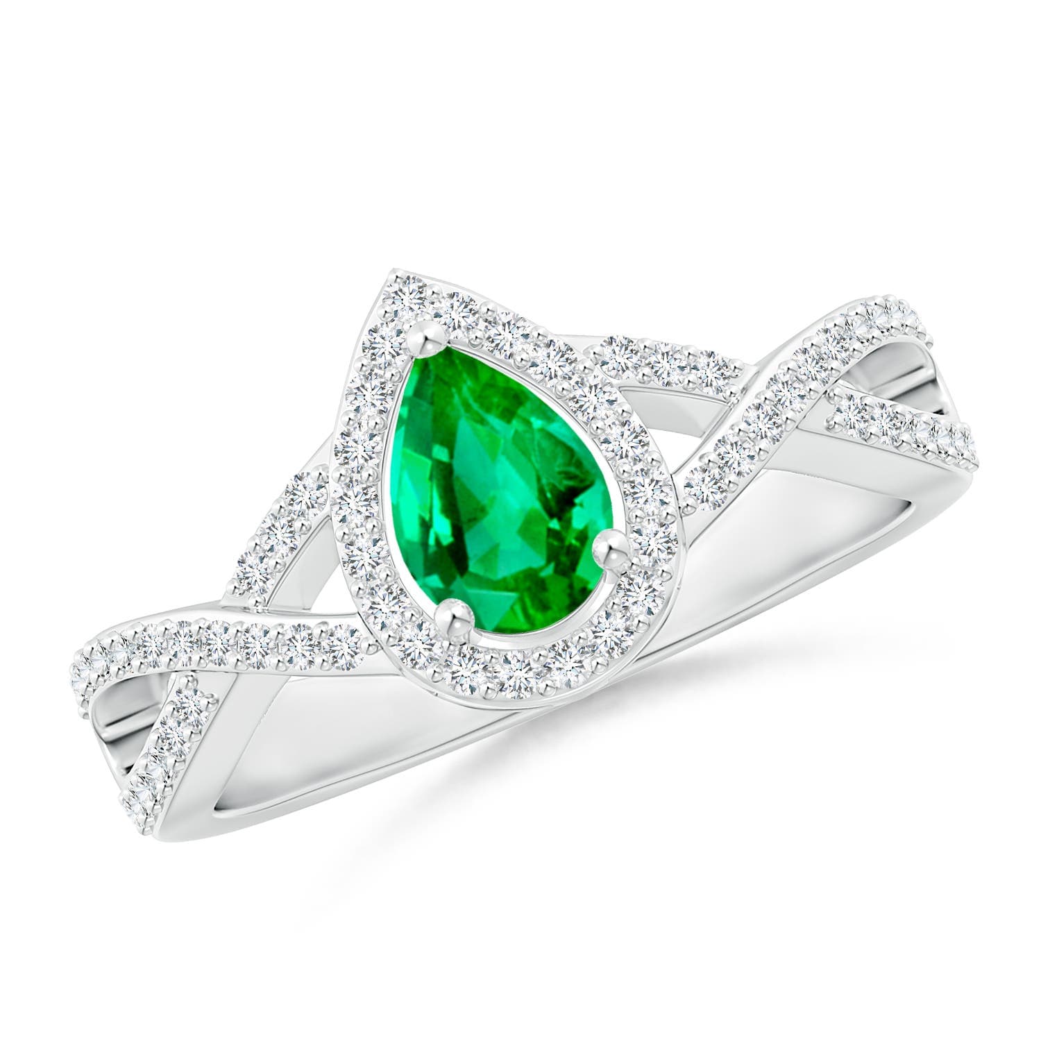 Twist Shank Pear Emerald Engagement Ring with Diamond Halo
