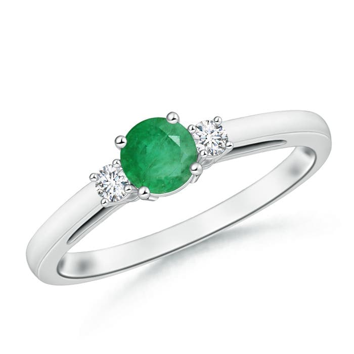 Round Emerald & Diamond Three Stone Engagement Ring