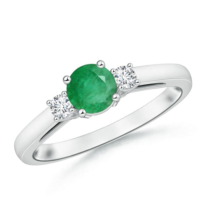 Round Emerald & Diamond Three Stone Engagement Ring