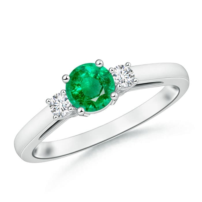 Round Emerald & Diamond Three Stone Engagement Ring