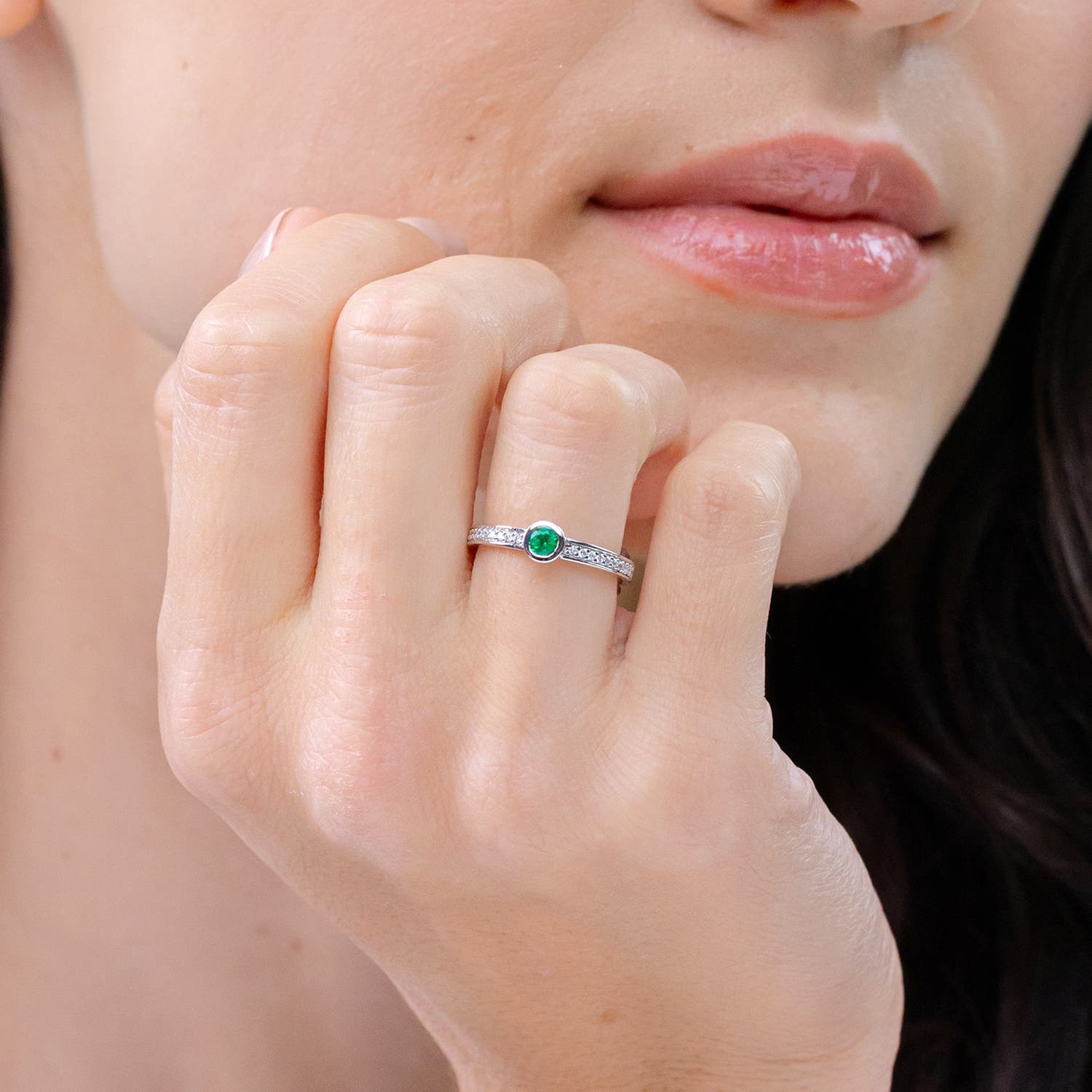 Bezel Round Emerald Stackable Ring with Diamond Accents