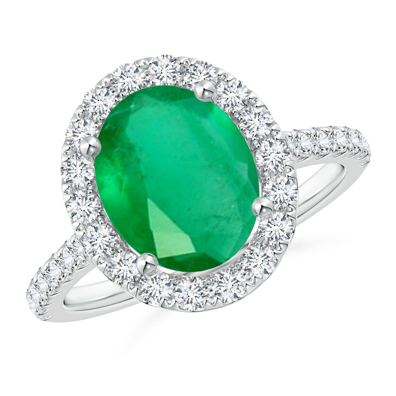 Prong-Set Oval Emerald Halo Engagement Ring with Diamond Accents