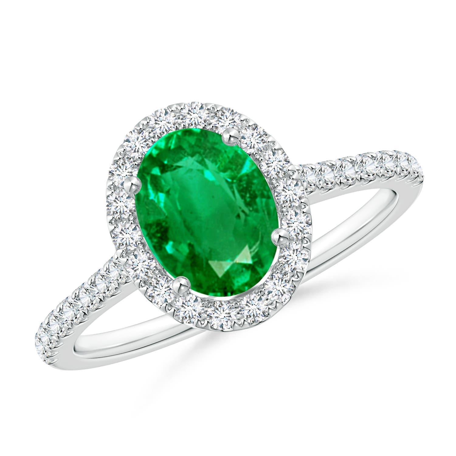 Prong-Set Oval Emerald Halo Engagement Ring with Diamond Accents