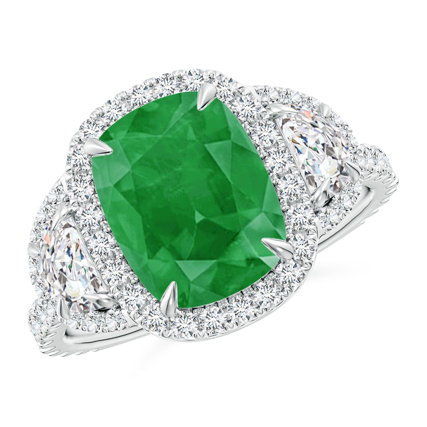 Cushion Emerald and Half Moon Diamond Halo Engagement Ring