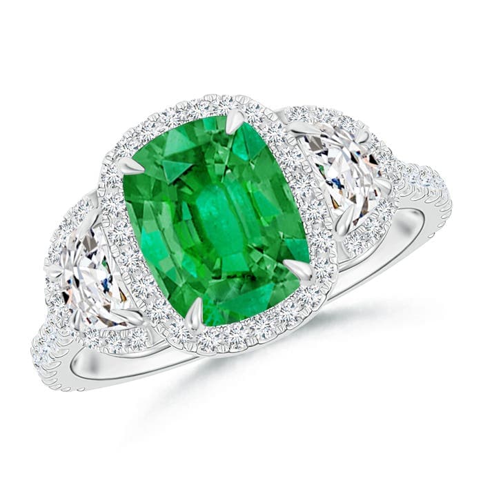 Cushion Emerald and Half Moon Diamond Halo Engagement Ring