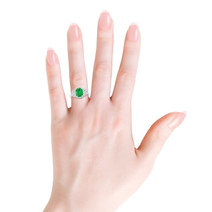 Cushion Emerald and Half Moon Diamond Halo Engagement Ring